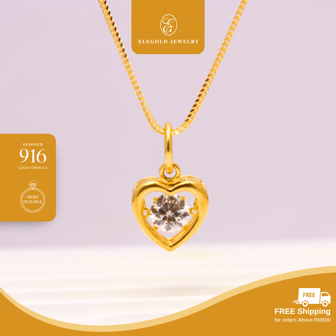 916/22K Gold Heart Plain Dancing CZ Stone Pendant Elegold
