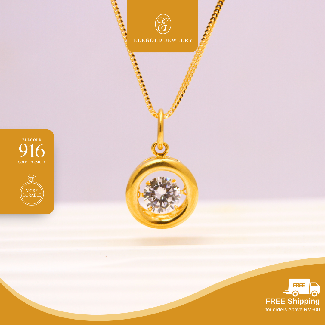 916/22K Gold Round Plain Circle CZ Stone Pendant Elegold