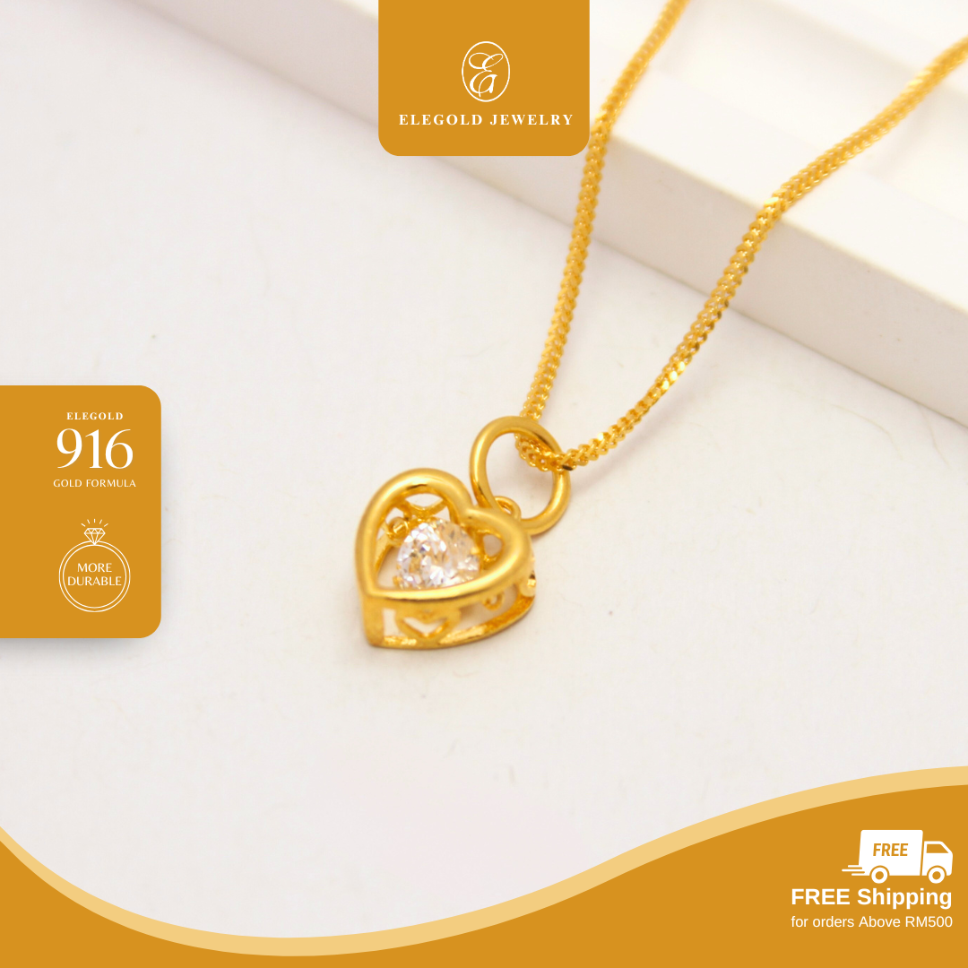 916/22K Gold Heart Plain Dancing CZ Stone Pendant Elegold
