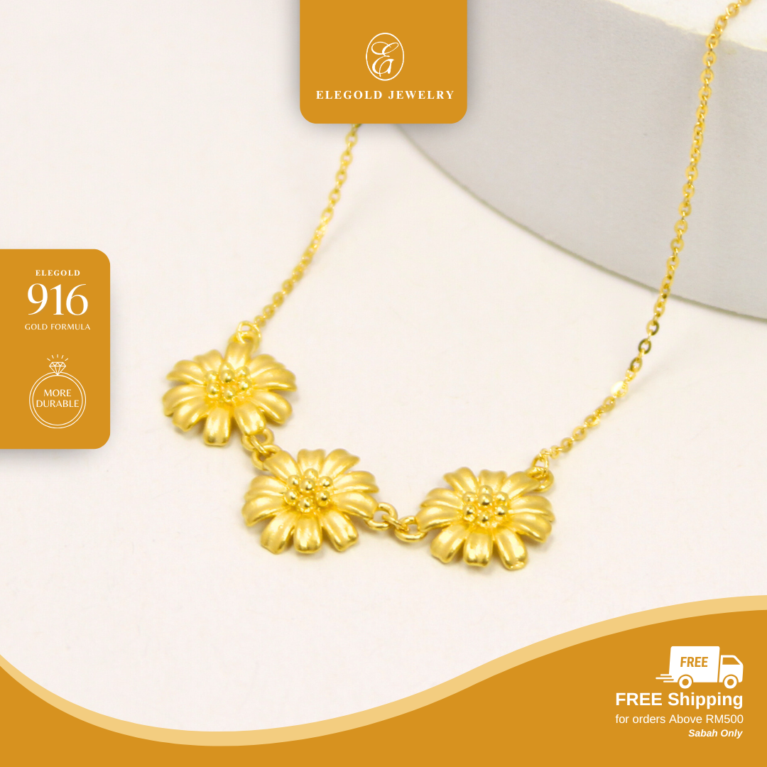Triple Flower Necklace Pendant Gold Necklace Elegold