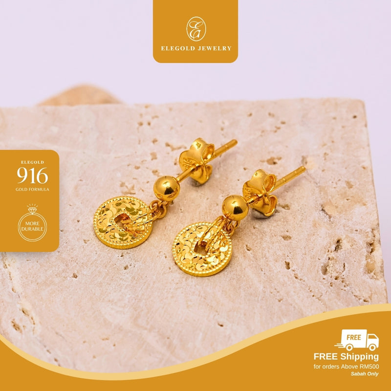 Elegold 916G Prosperity Shattered Ice Earring Subang Anting-Anting - 20U2L