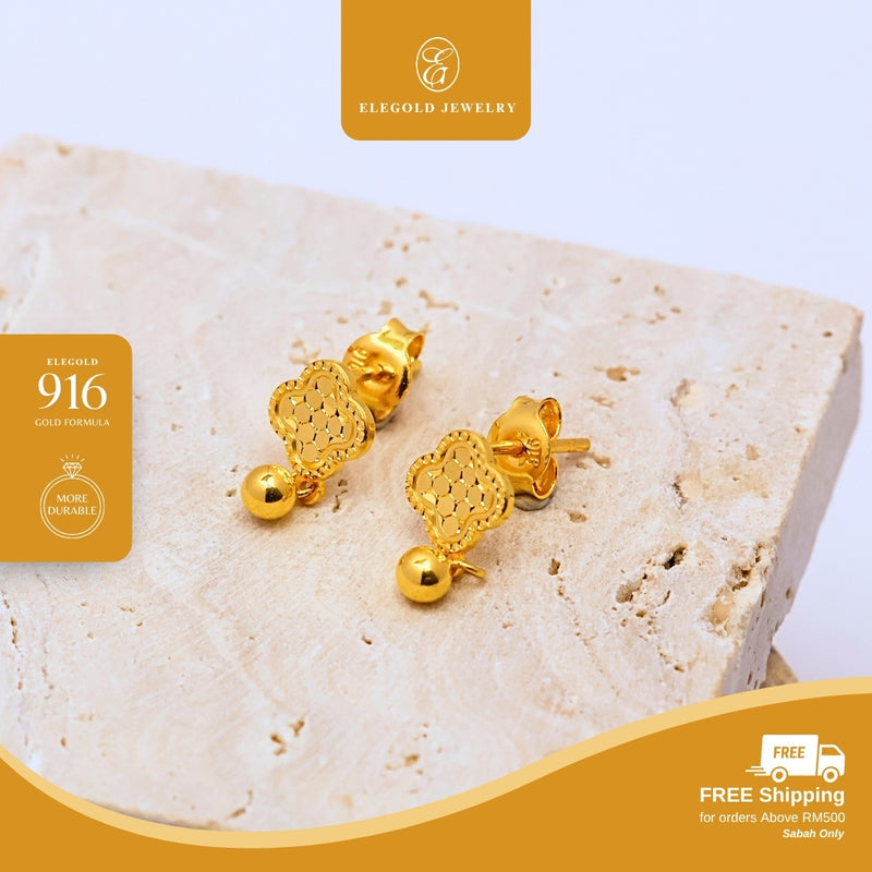 Elegold 916G Clover shattered ice Earring Subang Anting-Anting - 20U2M