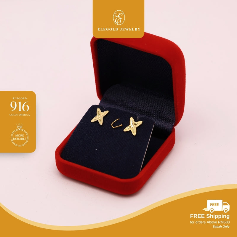 Elegold 916G Star Bold Shattered Ice Earring Subang Anting-Anting - 20U2S