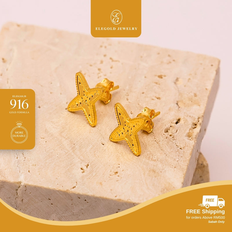 Elegold 916G Star Bold Shattered Ice Earring Subang Anting-Anting - 20U2S