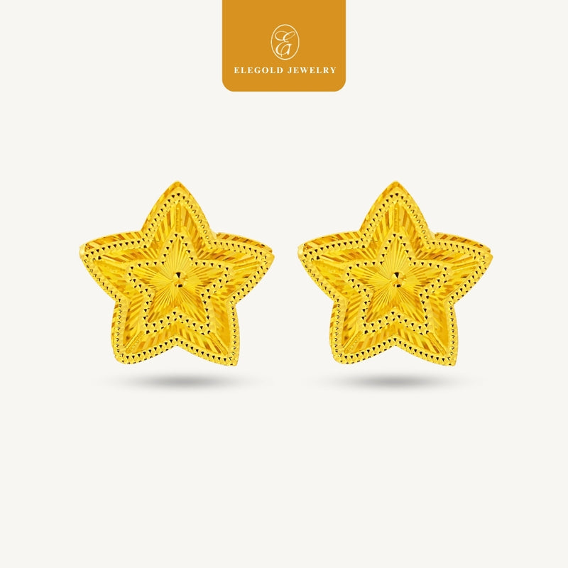 Elegold 916G Bold Shiny Rainbow Cut Star Earring Subang Anting-Anting - 20U2W