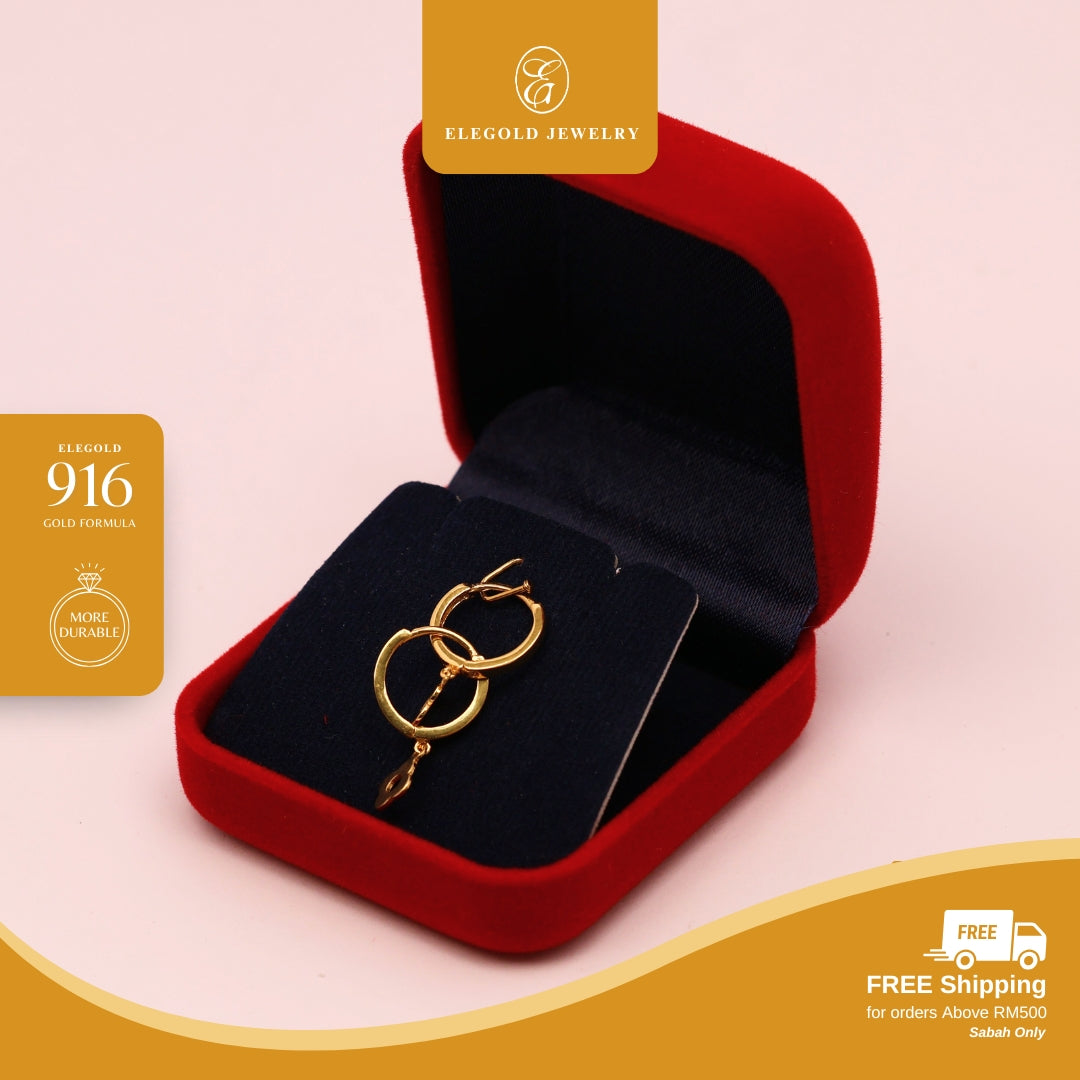 Elegold 916G Plain Dangling Clover Clip Earring Subang Anting-Anting - 20U9N