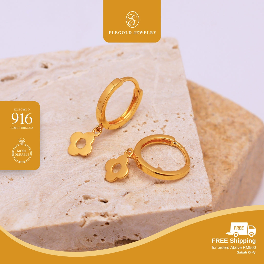 Elegold 916G Plain Dangling Clover Clip Earring Subang Anting-Anting - 20U9N
