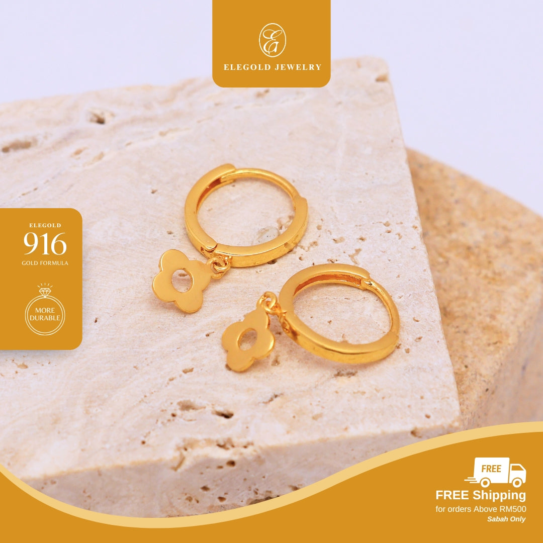 Elegold 916G Plain Dangling Clover Clip Earring Subang Anting-Anting - 20U9N