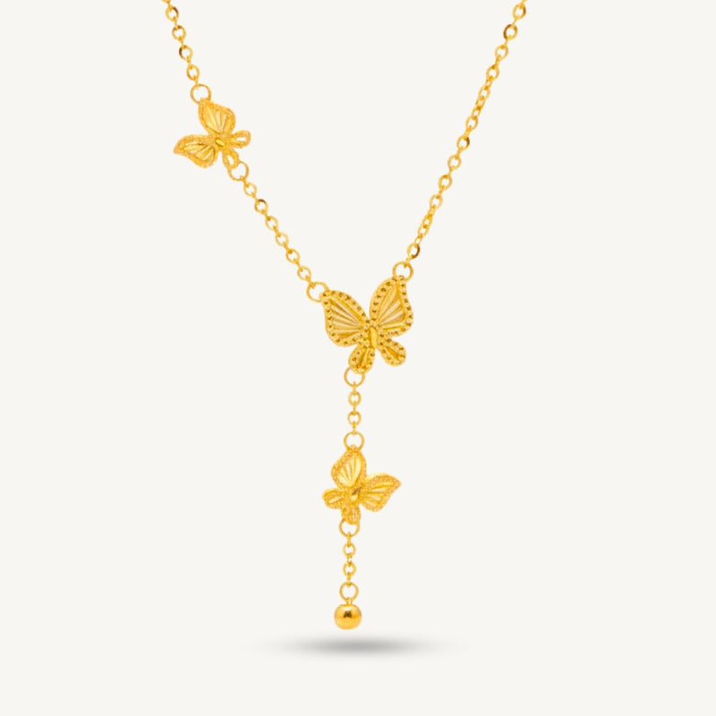 Elegold 916G Shiny Butterfly Trendy Pendant Set Necklace Rantai Leher - 20U73