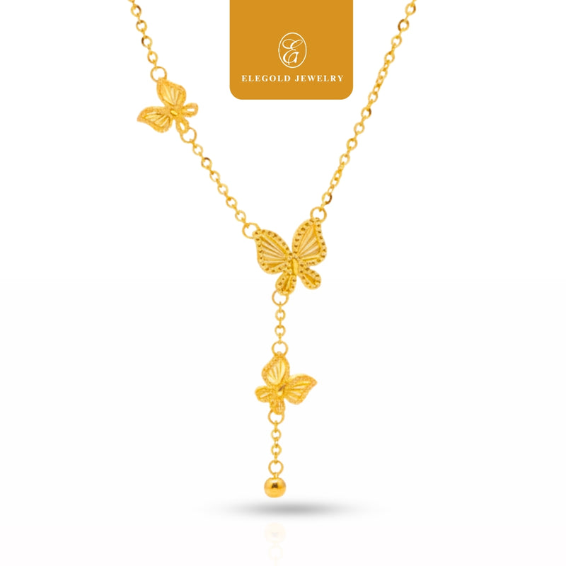 Elegold 916G Shiny Butterfly Trendy Pendant Set Necklace Rantai Leher - 20U73