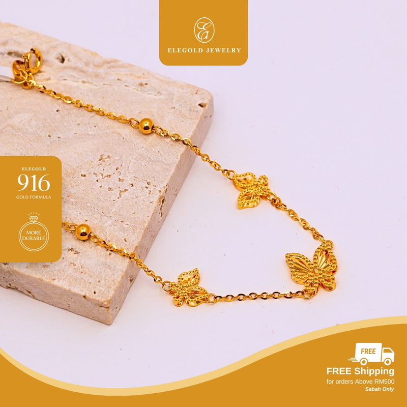 Elegold 916G Shiny Butterfly Dangling Bracelet Rantai Tangan - 20U7K