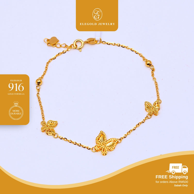 Elegold 916G Shiny Butterfly Dangling Bracelet Rantai Tangan - 20U7K