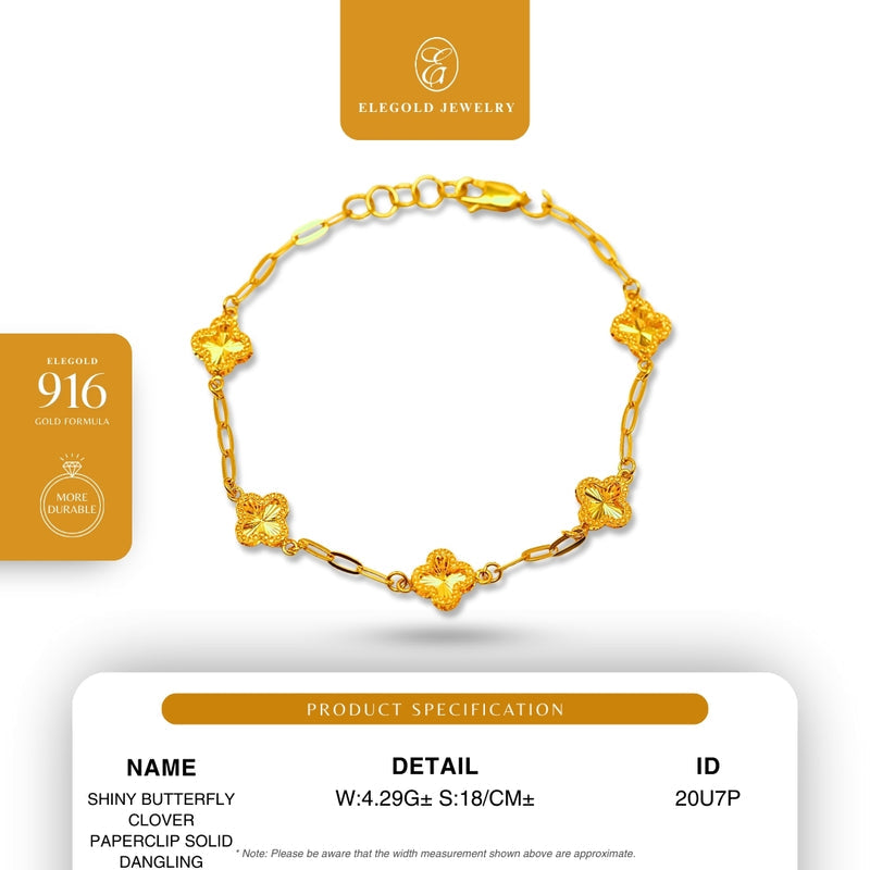 Elegold 916G Shiny Butterfly Clover Paperclip Solid Dangling Bracelet Rantai Tangan - 20U7P