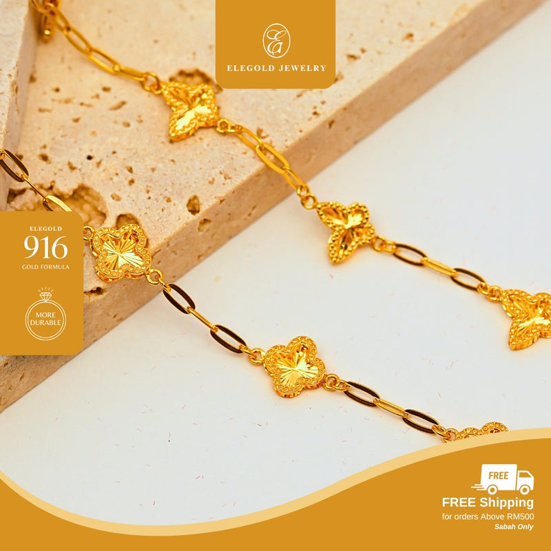 Elegold 916G Shiny Butterfly Clover Paperclip Solid Dangling Bracelet Rantai Tangan - 20U7P