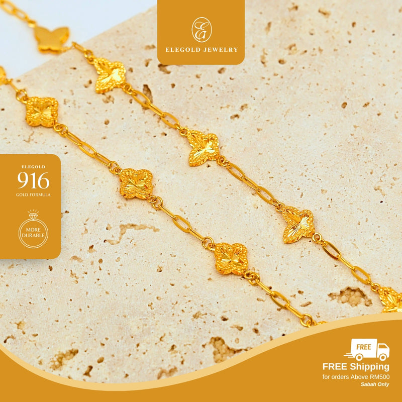 Elegold 916G Shiny Butterfly Clover Paperclip Solid Dangling Bracelet Rantai Tangan - 20U7P