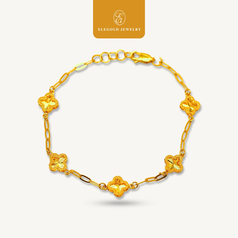 Elegold 916G Shiny Butterfly Clover Paperclip Solid Dangling Bracelet Rantai Tangan - 20U7P