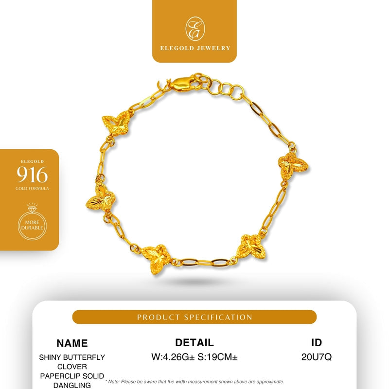 Elegold 916G Shiny Butterfly Clover Paperclip Solid Dangling Bracelet Rantai Tangan - 20U7P