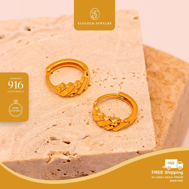 Elegold 916G Shiny Plain Mix Diagonal Clip Earring Subang Anting-Anting - 20U90