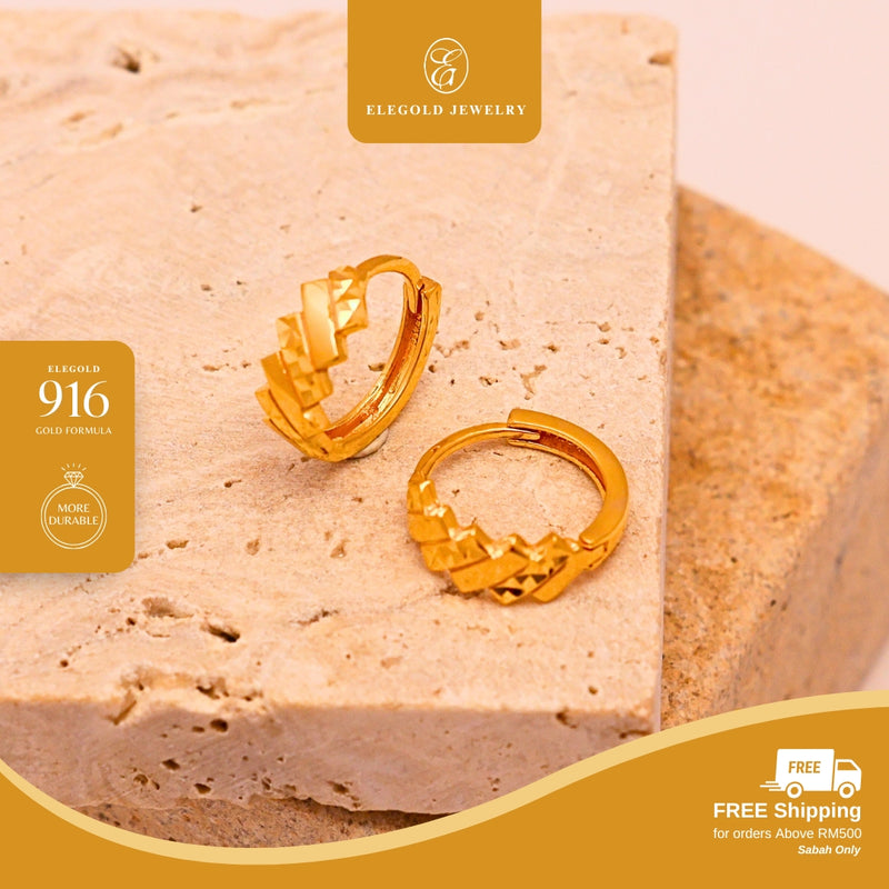 Elegold 916G Shiny Plain Mix Diagonal Clip Earring Subang Anting-Anting - 20U90