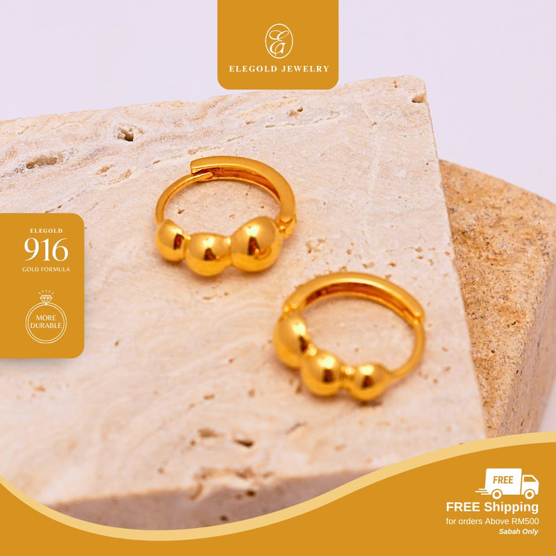 Elegold 916G Minimalist Solid Beads Plain Fashion Clip Earring Subang Anting-Anting - 20U99