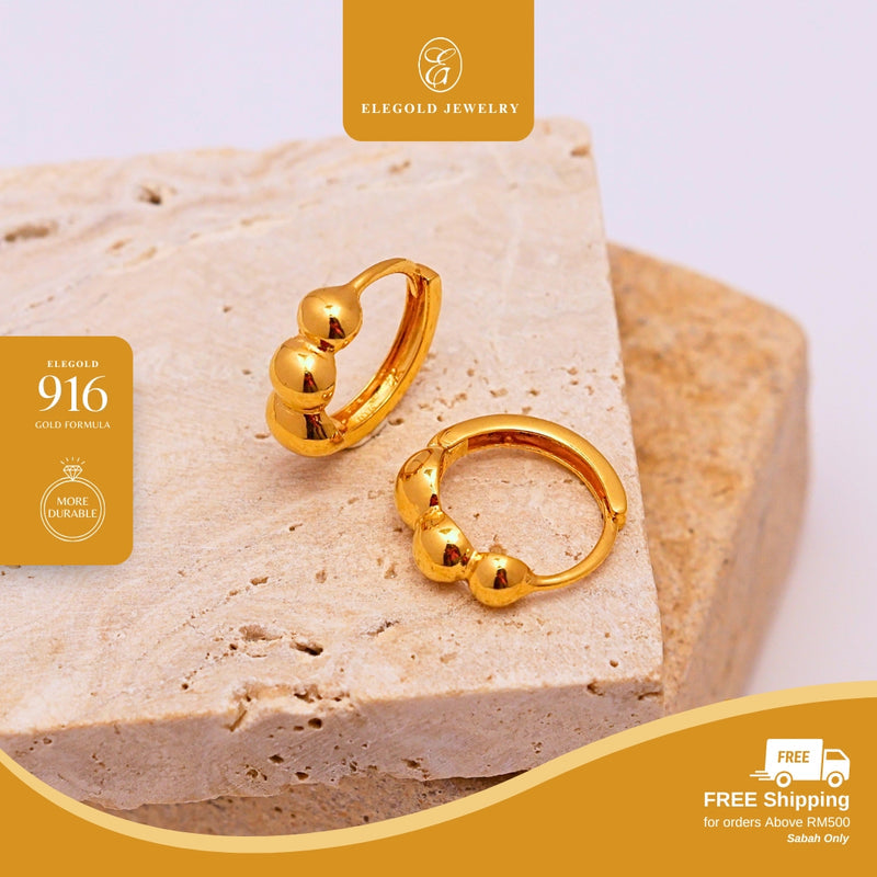 Elegold 916G Minimalist Solid Beads Plain Fashion Clip Earring Subang Anting-Anting - 20U99