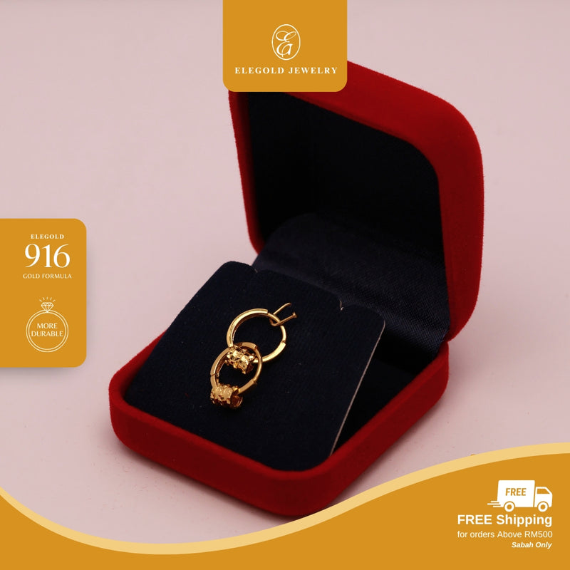 Elegold 916G Shiny Roller Plain Hoop Earring Subang Anting-Anting - 20U9Q