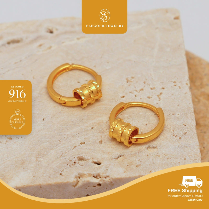 Elegold 916G Shiny Roller Plain Hoop Earring Subang Anting-Anting - 20U9Q