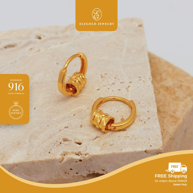 Elegold 916G Shiny Roller Plain Hoop Earring Subang Anting-Anting - 20U9Q