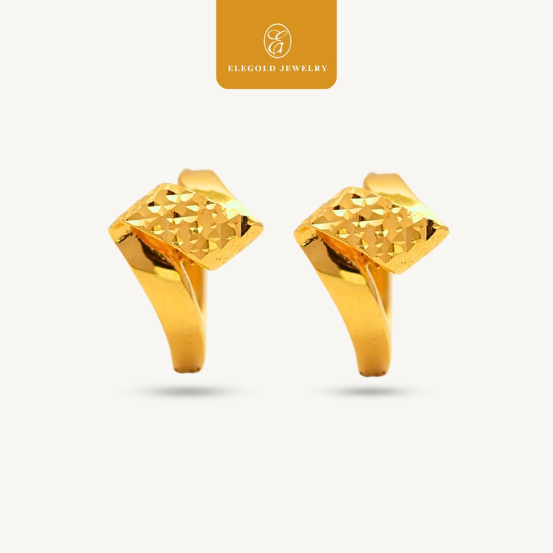Elegold 916G Diagonal V-Shape Fashion Shiny Clip Earring Subang Anting-Anting - 20U9S