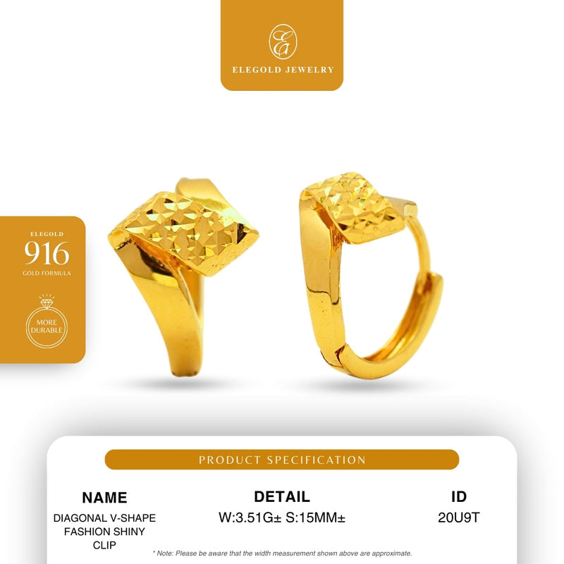 Elegold 916G Diagonal V-Shape Fashion Shiny Clip Earring Subang Anting-Anting - 20U9S