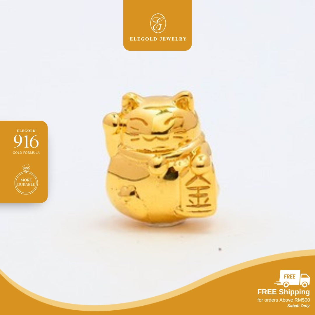 Elegold 916G Prosperity Cat Plain Solid Charm Loket Pendant - 20UY6