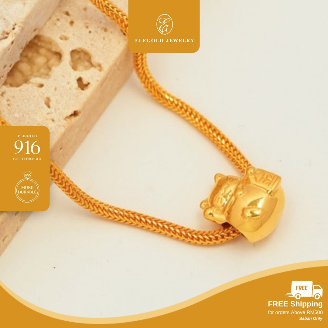 Elegold 916G Prosperity Cat Plain Solid Charm Loket Pendant - 20UY6