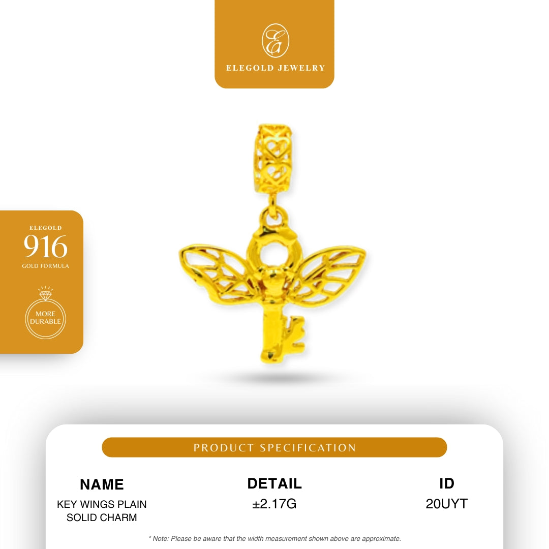 Elegold 916G Key Wings Plain Solid Charm Loket Pendant - 20UYT