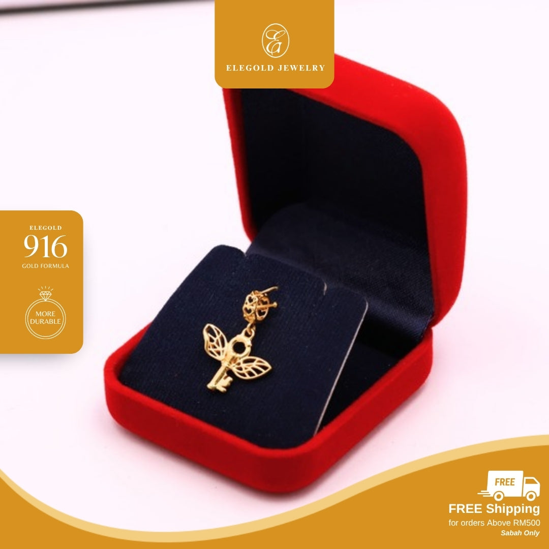 Elegold 916G Key Wings Plain Solid Charm Loket Pendant - 20UYT