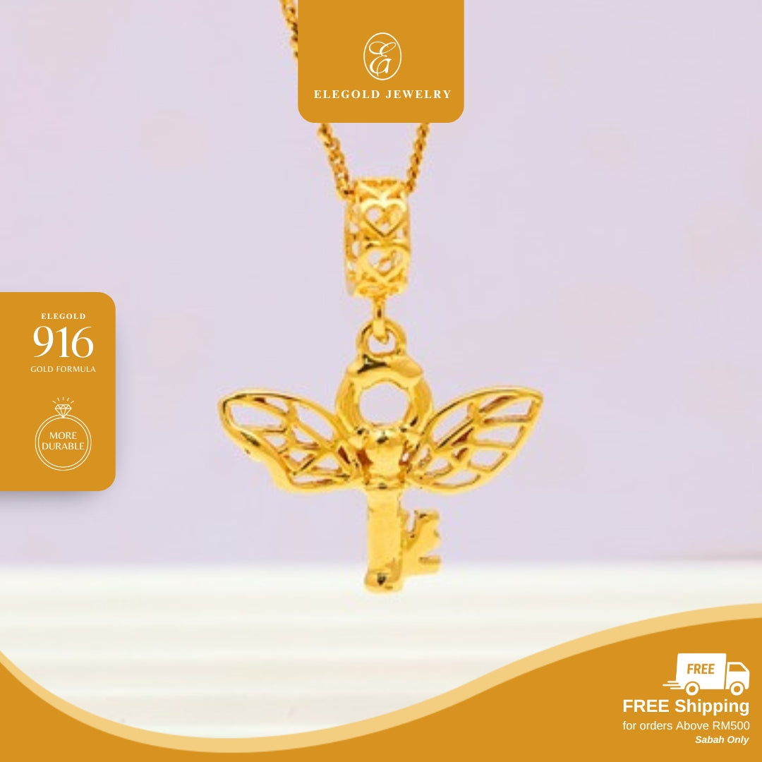 Elegold 916G Key Wings Plain Solid Charm Loket Pendant - 20UYT