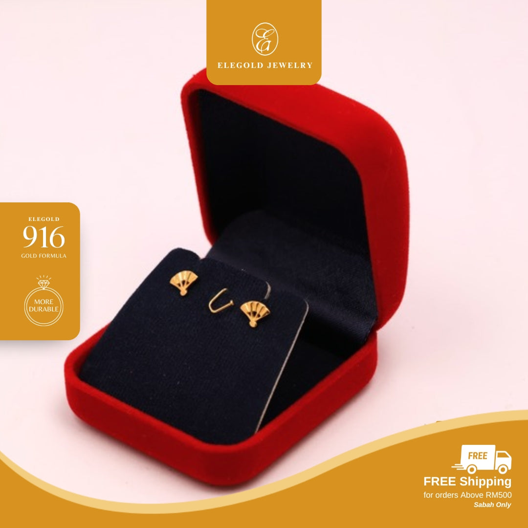 Elegold 916G Fan Plain Tiny Stud Earring Subang Anting-Anting - 20VEY