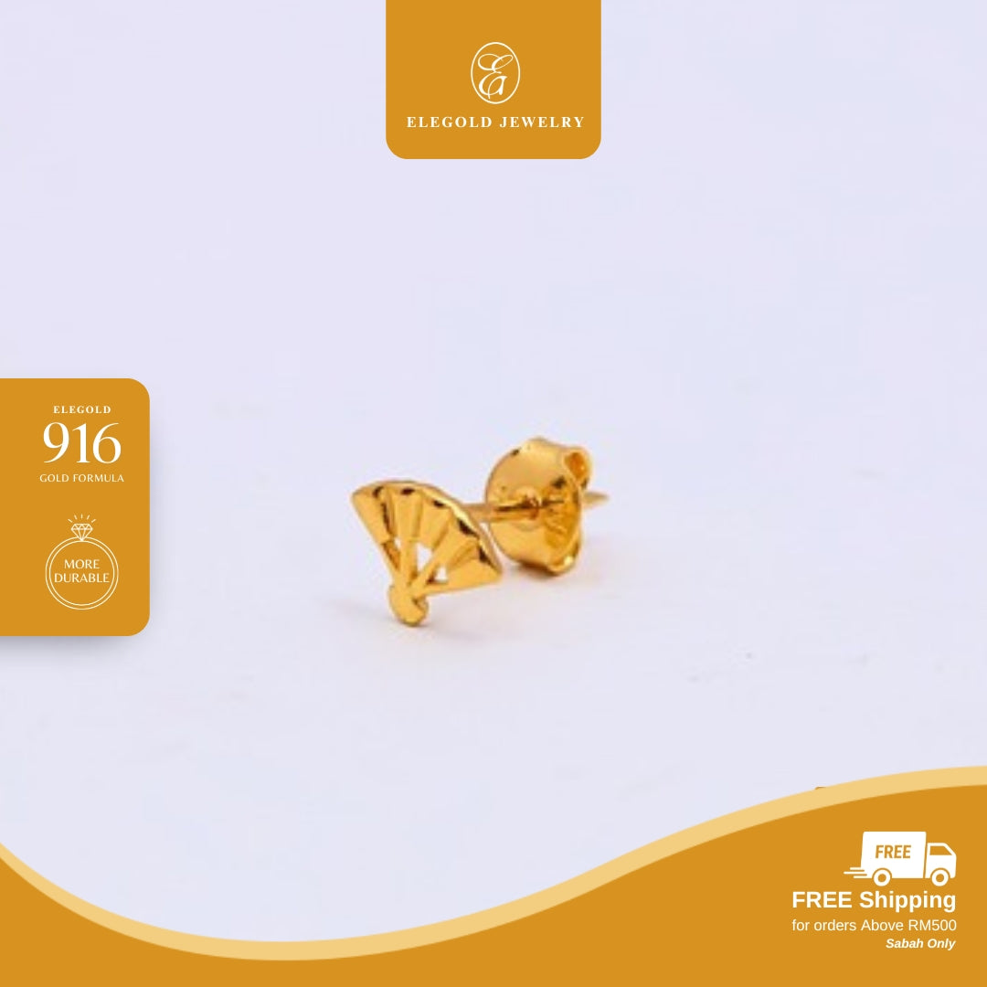 Elegold 916G Fan Plain Tiny Stud Earring Subang Anting-Anting - 20VEY
