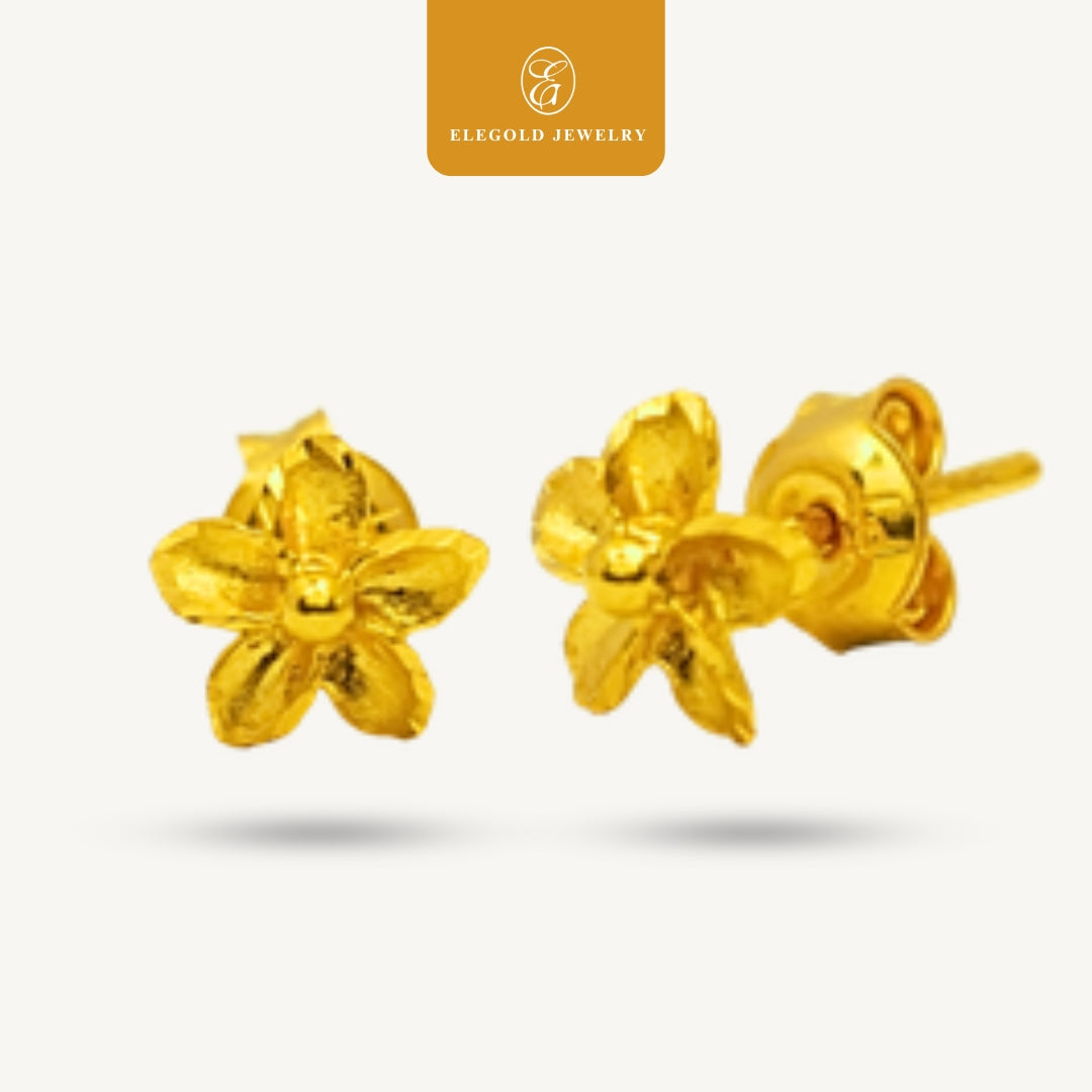 Elegold 916G Flower Petal Plain Stud Earring Subang Anting-Anting - 20VFD