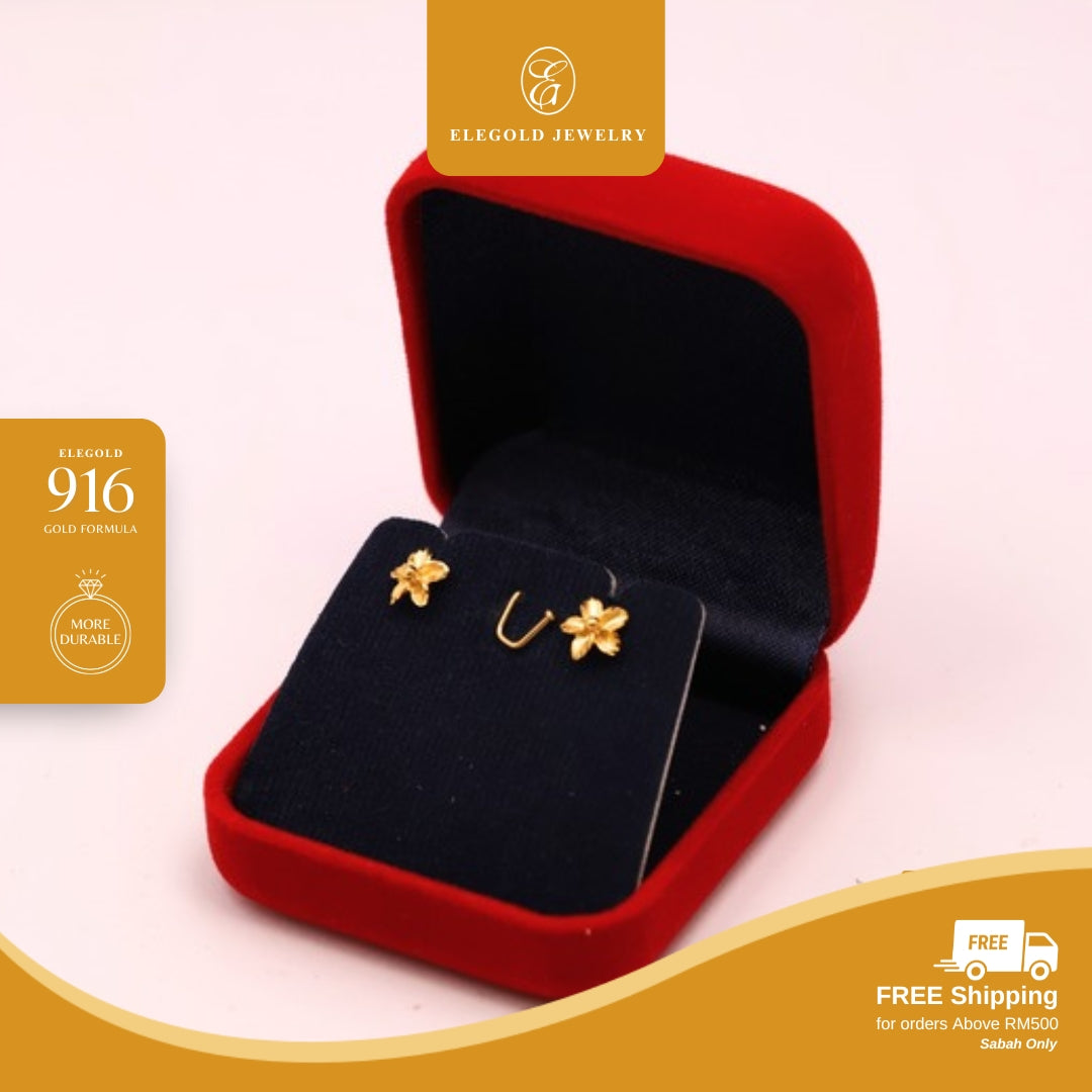 Elegold 916G Flower Petal Plain Stud Earring Subang Anting-Anting - 20VFD