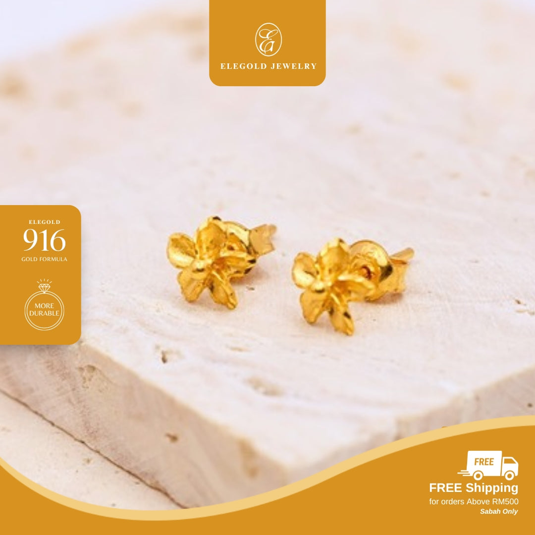 Elegold 916G Flower Petal Plain Stud Earring Subang Anting-Anting - 20VFD