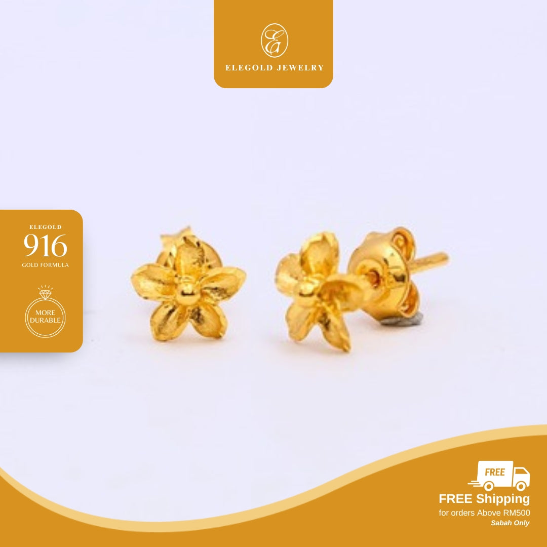 Elegold 916G Flower Petal Plain Stud Earring Subang Anting-Anting - 20VFD
