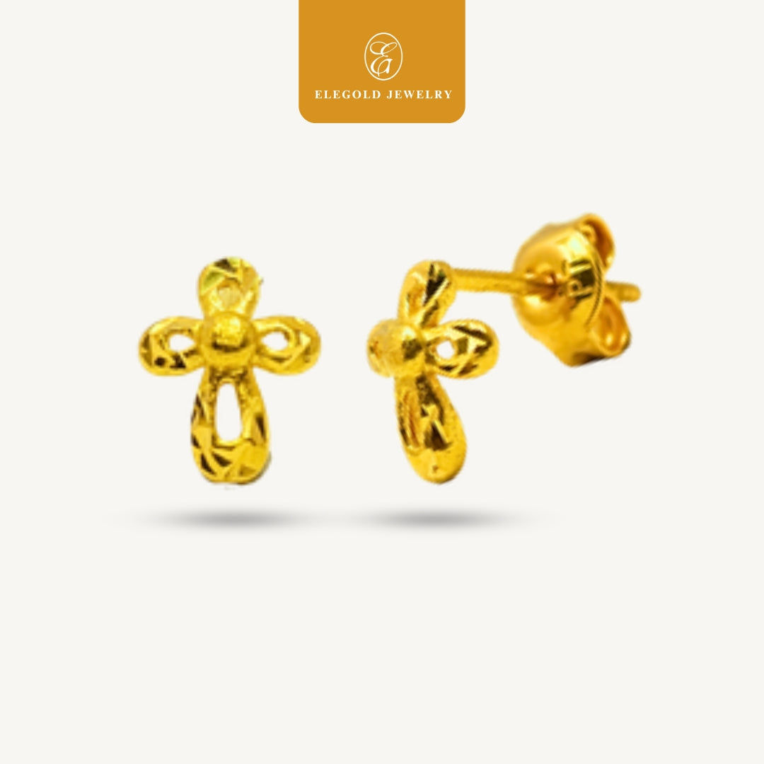 Elegold 916G Cross Tiny Plain Stud Earring Subang Anting-Anting - 20VFE
