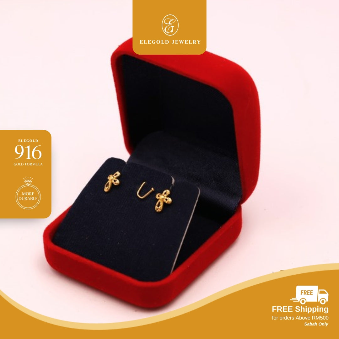 Elegold 916G Cross Tiny Plain Stud Earring Subang Anting-Anting - 20VFE