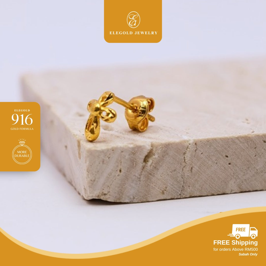 Elegold 916G Cross Tiny Plain Stud Earring Subang Anting-Anting - 20VFE