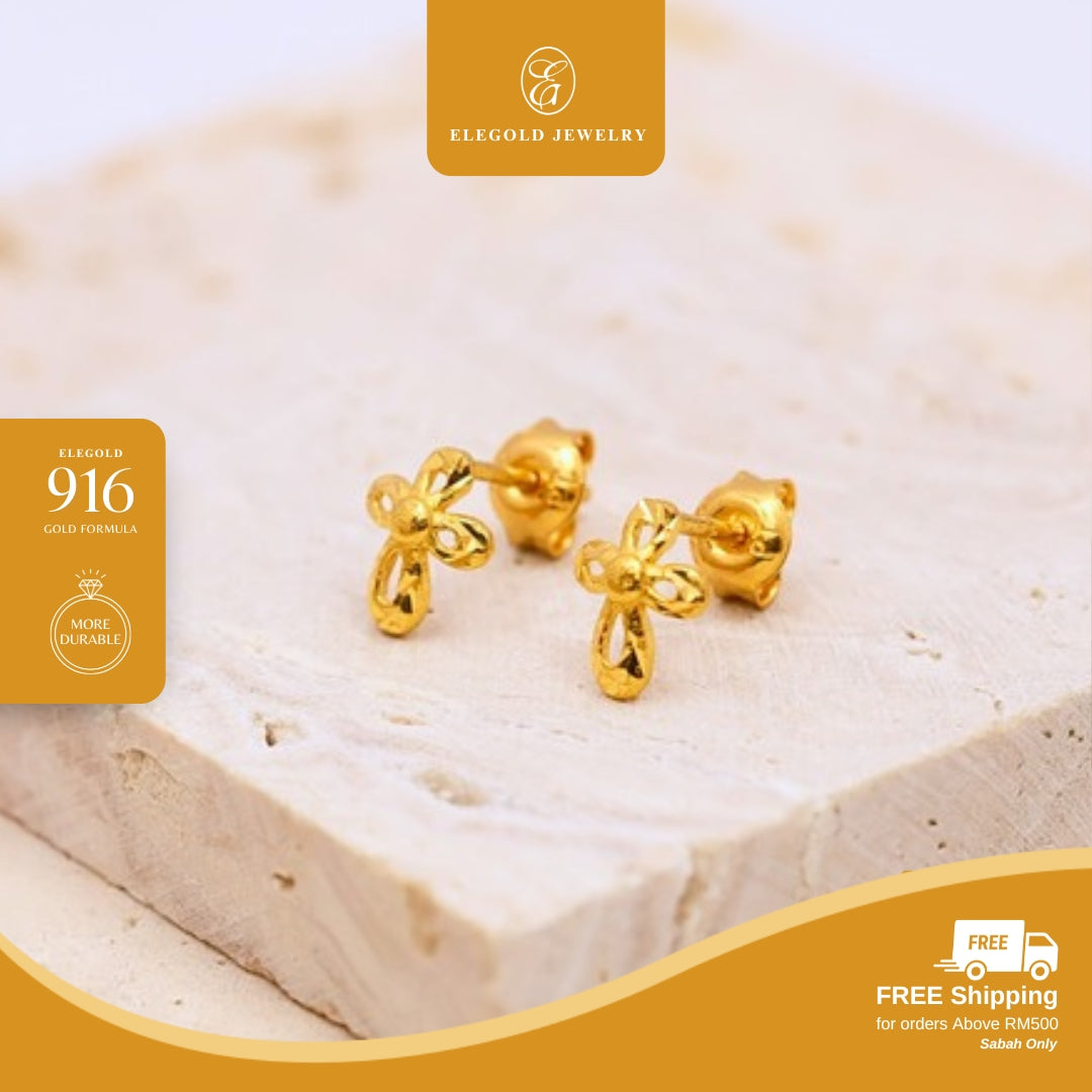 Elegold 916G Cross Tiny Plain Stud Earring Subang Anting-Anting - 20VFE