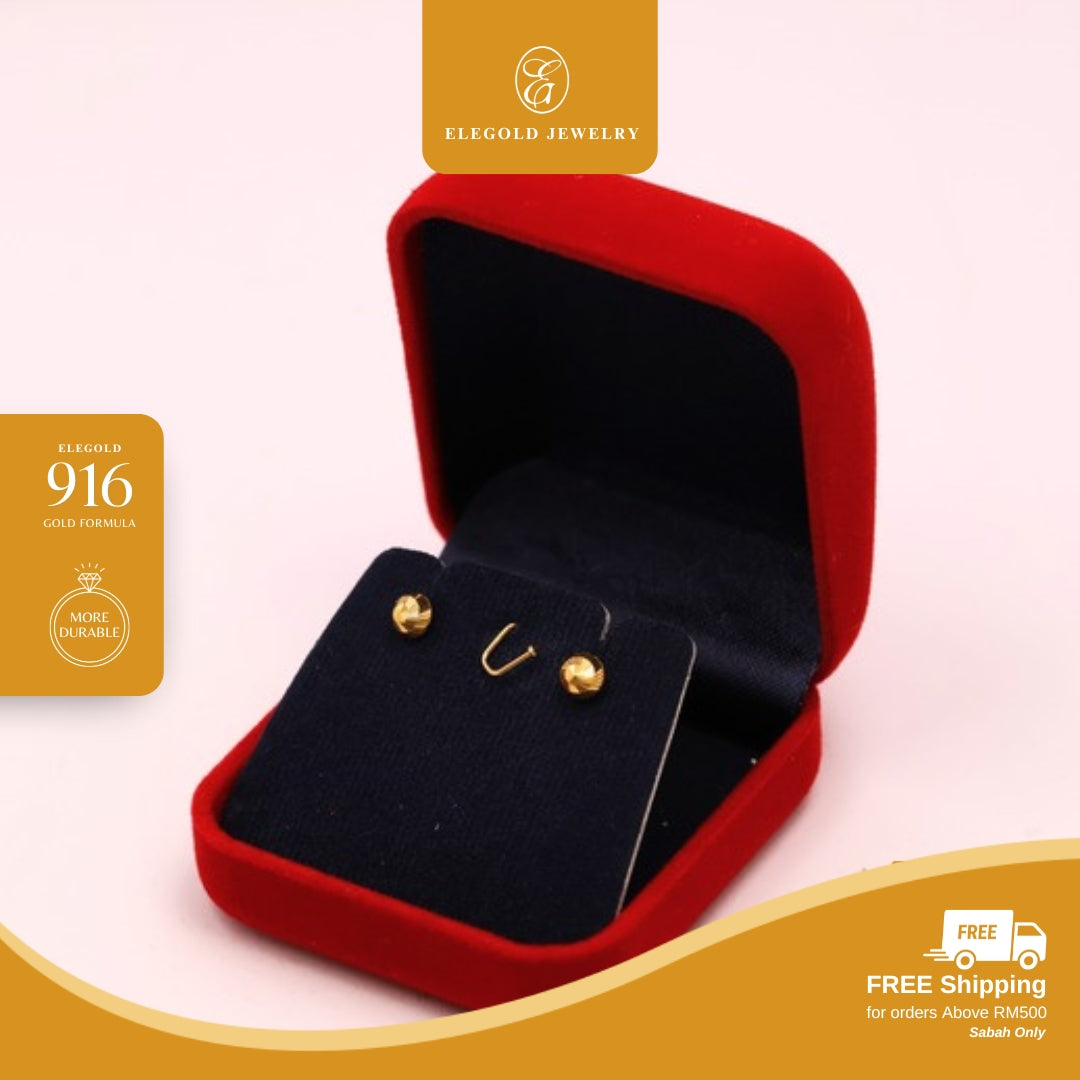 Elegold 916G Beads Shiny Cut Stud Earring Subang Anting-Anting - 20VFF