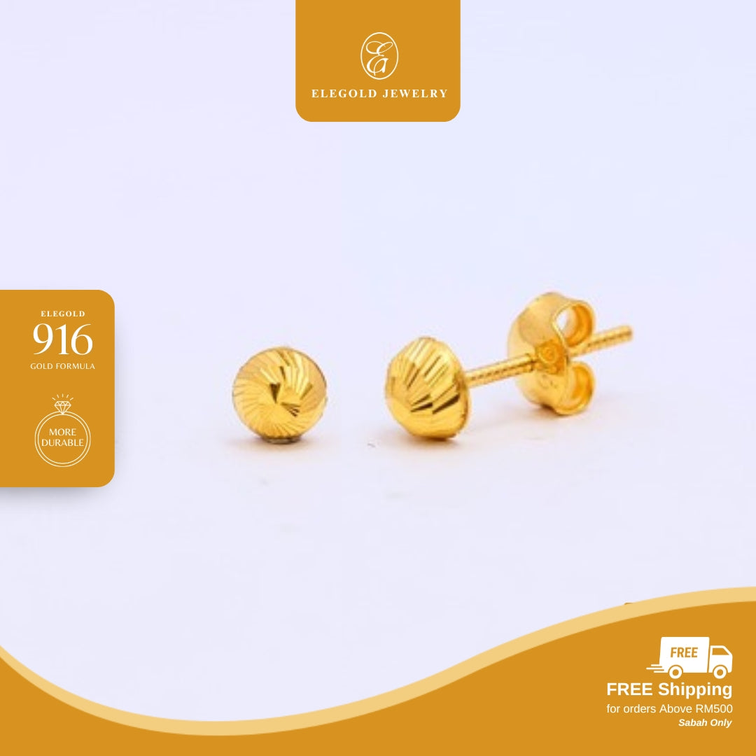 Elegold 916G Beads Shiny Cut Stud Earring Subang Anting-Anting - 20VFF