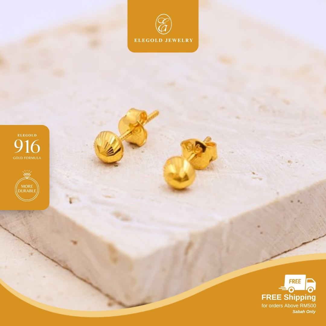 Elegold 916G Beads Shiny Cut Stud Earring Subang Anting-Anting - 20VFF