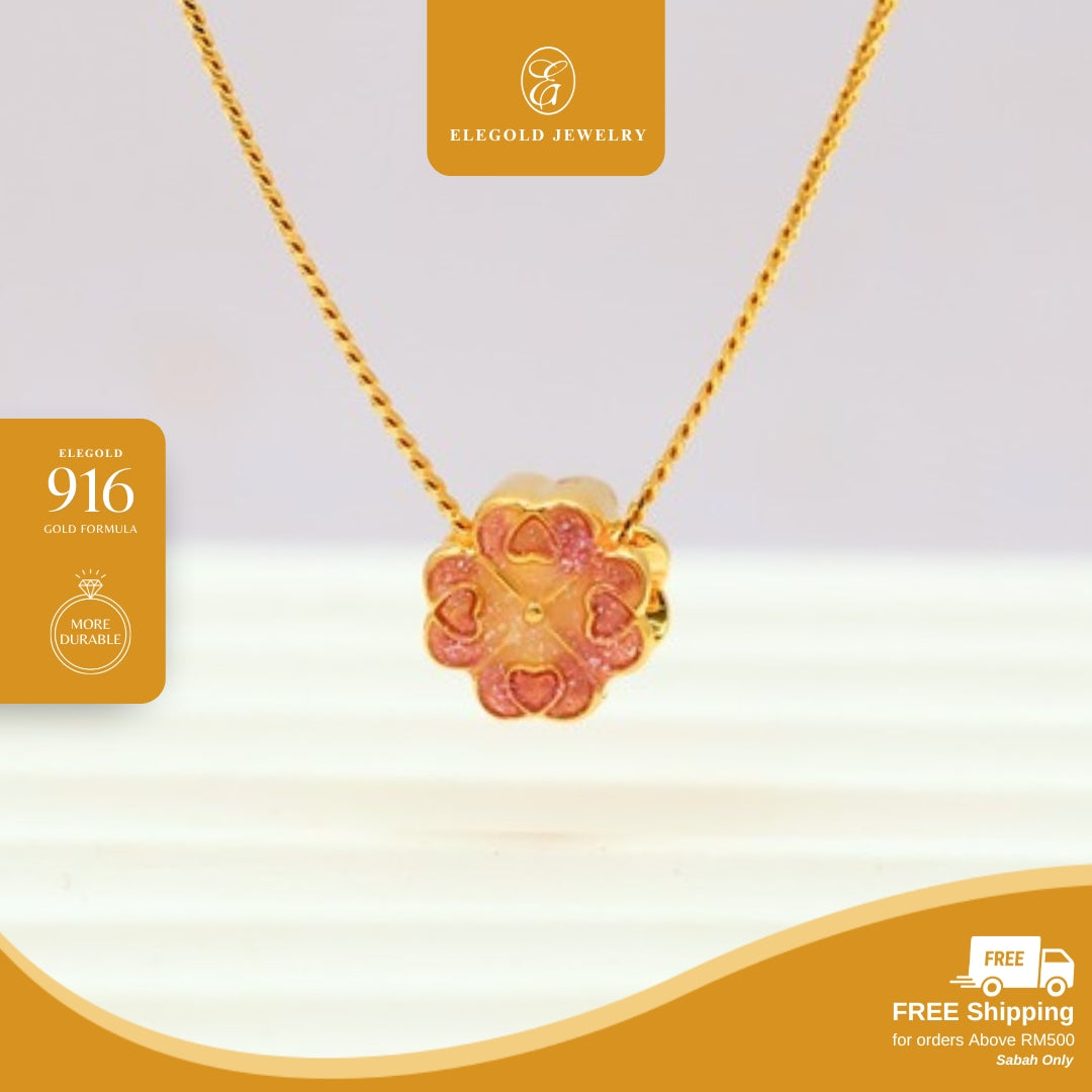 Elegold 916G Pink Petal Flower Hallow Charm Loket Pendant - 20VFX