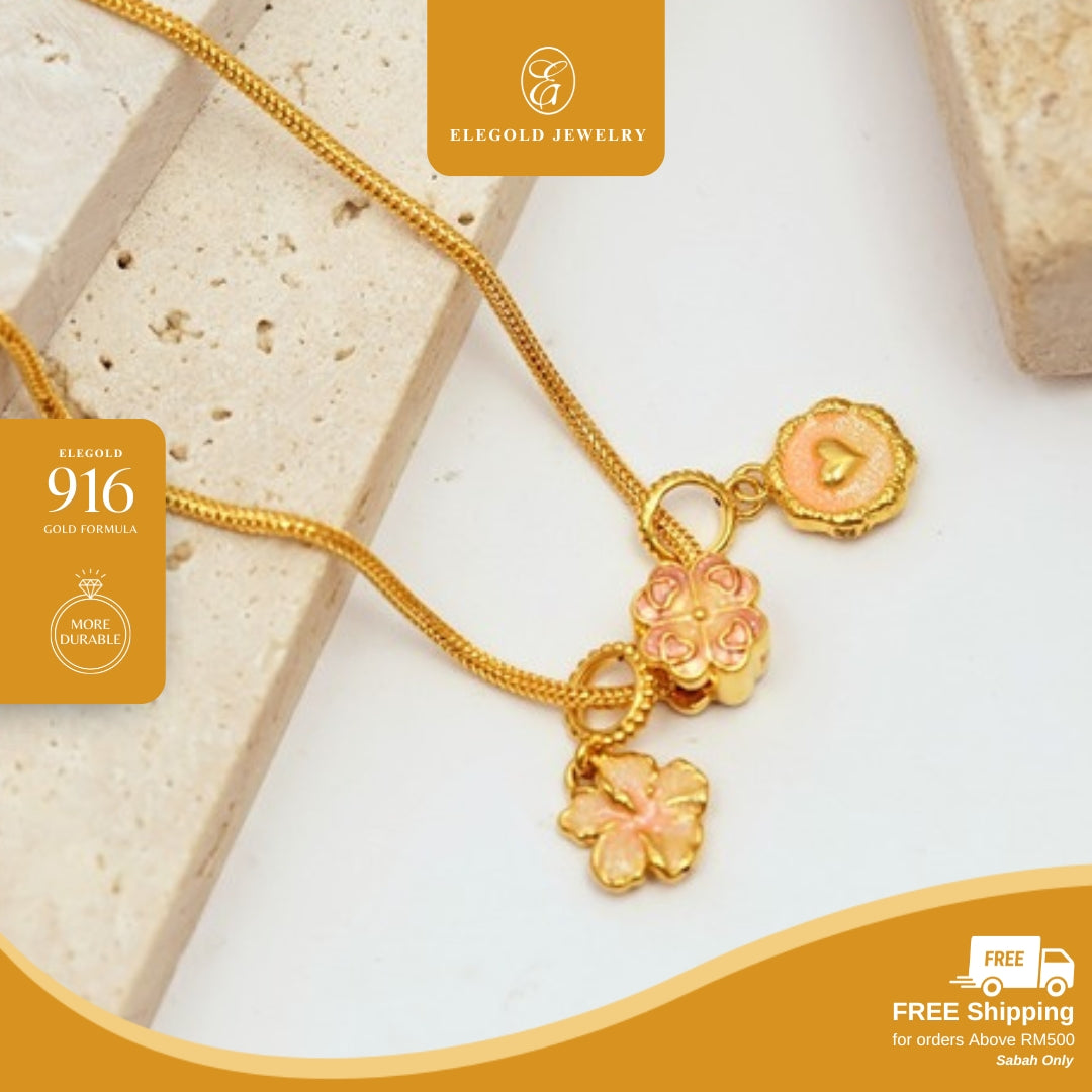 Elegold 916G Pink Petal Flower Hallow Charm Loket Pendant - 20VG9